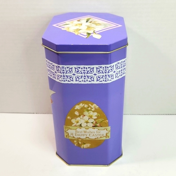 Easter Greetings Wishes Victorian Litho Printed Girl with Birds Tall Tin Box - Picture 8 of 14